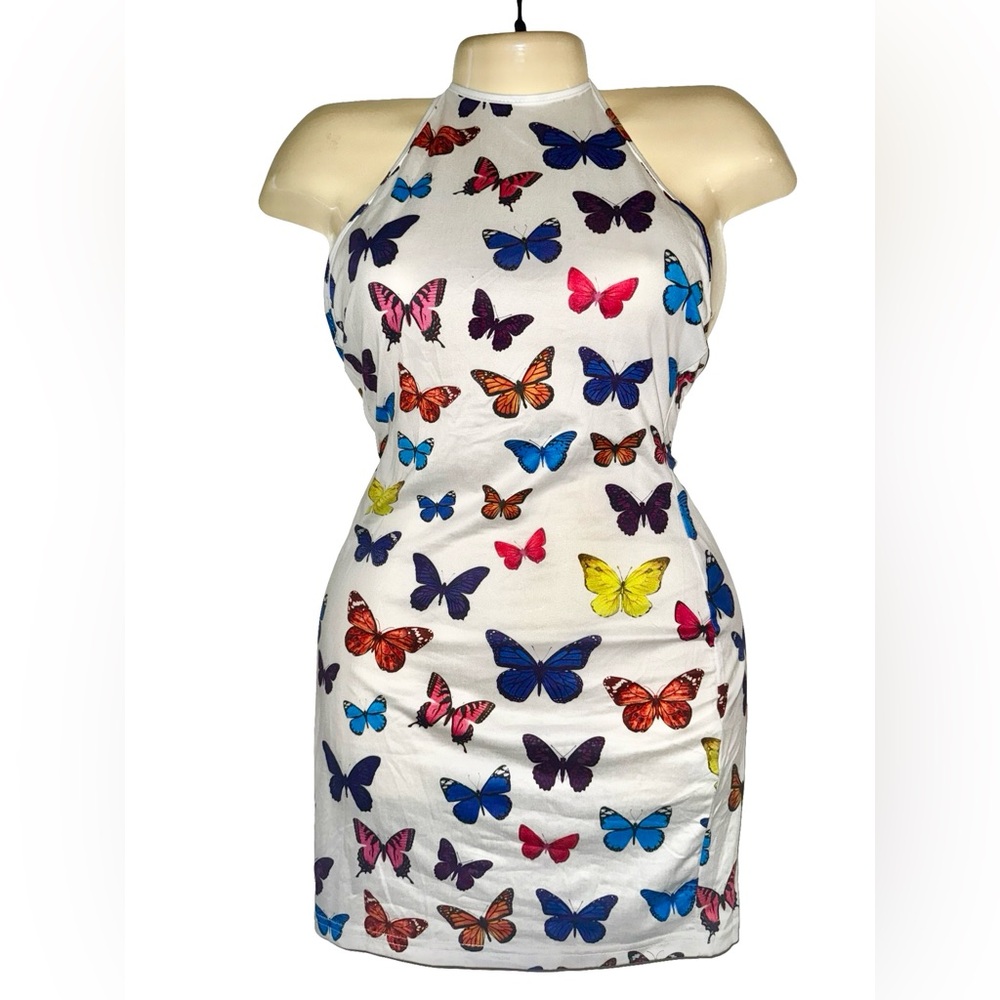 SHEIN White Halter Mini Dress with Colorful Butterfly Print
